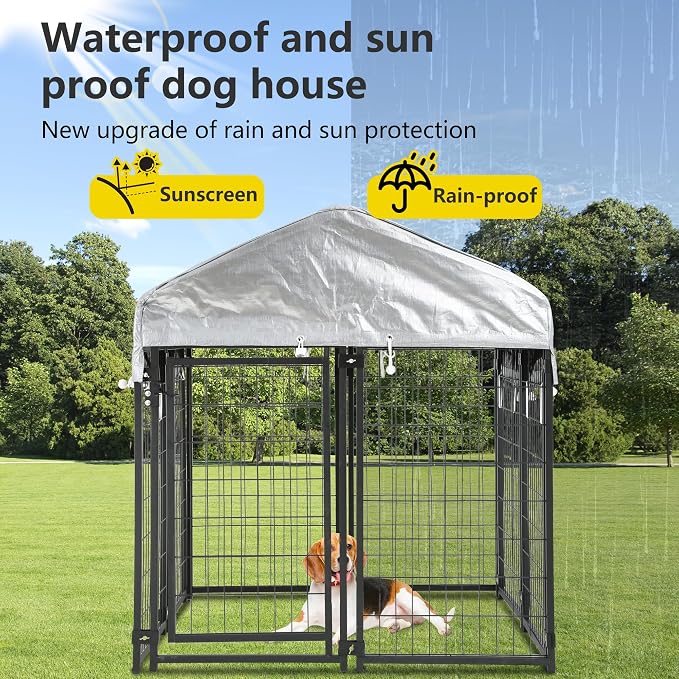 FDW 4 x 4 x 4.3 Ft Dog Kennel Outdoor Welded Wire Heavy Duty Playpen Dog Crate Cage with Waterproof Cover Roof and UV Resistant Pet Kennel Fence with Secure Lock, Black