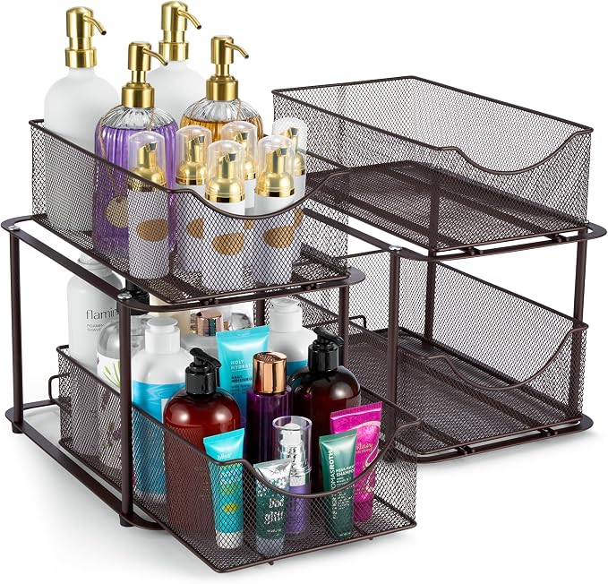 Sorbus Pull-Out Under Sink Organizer, Mesh Construction (Bronze, 2 Pack) | Two-tier metal organization with strong steel and sliding drawers for bathrooms, kitchens, cabinets, closets and pantries.