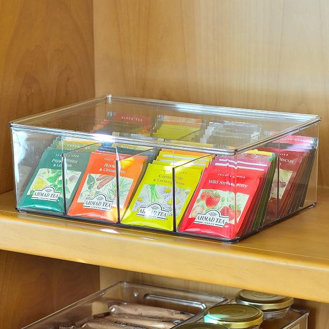 Youngever Large Plastic Tea Packet Organizer with Lids, Reusable Food Packet Storage Container Divided into 8 Compartments, Tea Bags Storage Bin (11" x 7.5" x 4") (Pack of 2)