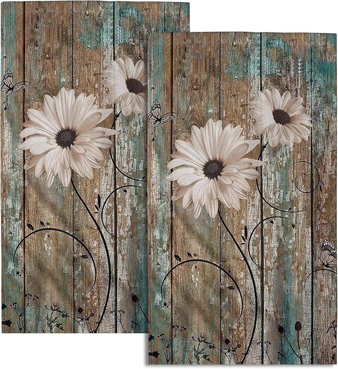 Giwawa Rustic Barn Sunflower Wooden Hand Towel 15x30 Set of 2, Daisy Flower Teal Turquoise Brown Plank Towel Retro Board Face Towel Country Barnwood Washcloth for Bathroom Farmhouse Log Cabin