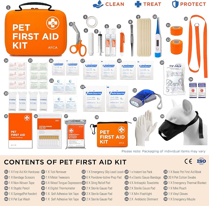 ARCA PET Cat & Dog First Aid Kit for Car - Pet Emergency Kit for Home Office Travel – Dog Camping Essentials with Digital Thermometer, Muzzle & Mini First Aid Pouch (Pack of 2)