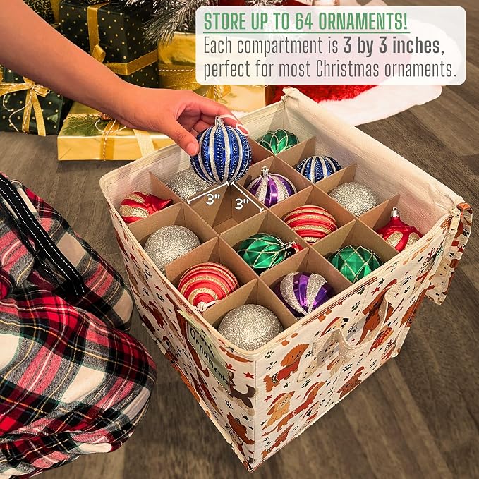 VENO 4 Pack Christmas Ornament Storage Box, Holiday Ornament Organizer with Adjustable Dividers, Sturdy Storage Containers for 64 Ornaments, Zippered Lid & Handles, 3" Cube (Holiday Pups)