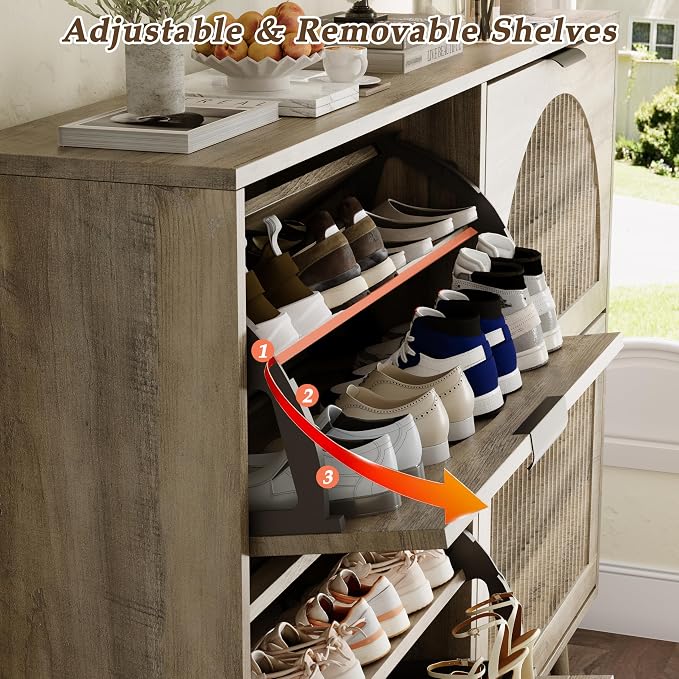 Shoe Storage Cabinet with 4 Flip Drawers, Narrow Wood Shoe Organizer Cabinet with Fluted Panel, Slim Shoe Rack for Entryway, Freestanding Shoe Cabinet for Living Room, Hallway, Grey