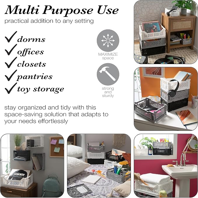 Simplify 4LT Collapsible Storage Crate | Small | Foldable | Stackable | Plastic Bin | Home Organization | Dorm | Office | Crafts | Shelf | White