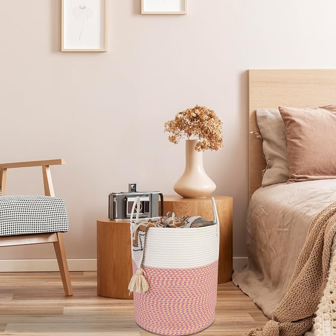 XUANGUO Cotton Rope Laundry Basket Hamper for Clothes Large | Woven Storage Basket for Living Room Bedroom Boho Tall Rope Baskets for Blanket Toys Pillow Towels Baby Nursery Hamper Bin