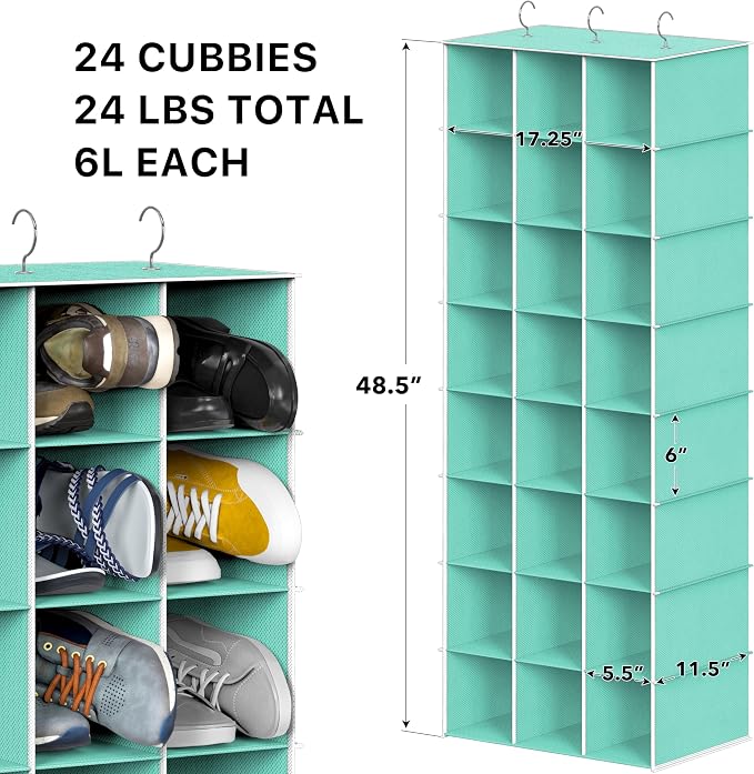 Simple Houseware 24 Section Shelves Hanging Shoes Organizer, Turquoise | 3 Metal Hooks, 8 Tier, Holds Up to 24 lbs
