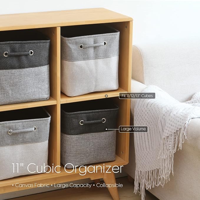 Sea Team Open-Top Canvas Storage Cubes with Handles, 11-Inch, 3-Pack | Collapsible Storage Bins, Fabric Baskets, Closet Shelf Organizers for Home and Office, Gray & Black