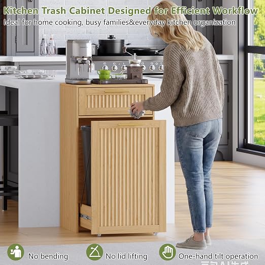 Single 13 Gallon Pull Out Trash Can Cabinet with Drawer, Garbage Cabinet | Pet Proof Hidden Trash Storage, Fluted Farmhouse Design, Space-Saving Kitchen Organizer, Dining Room Storage,Natural Oak
