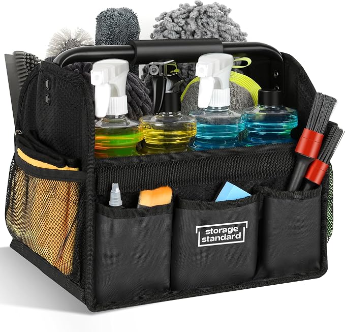 Detailing Caddy Organizer with Handle - Storage, Cars, & Cleaning Caddy for Supplies, Tools, & Home Improvement - Heavy Duty Car Detailing Supplies With Multi-Pockets & Collapsible Tote Design