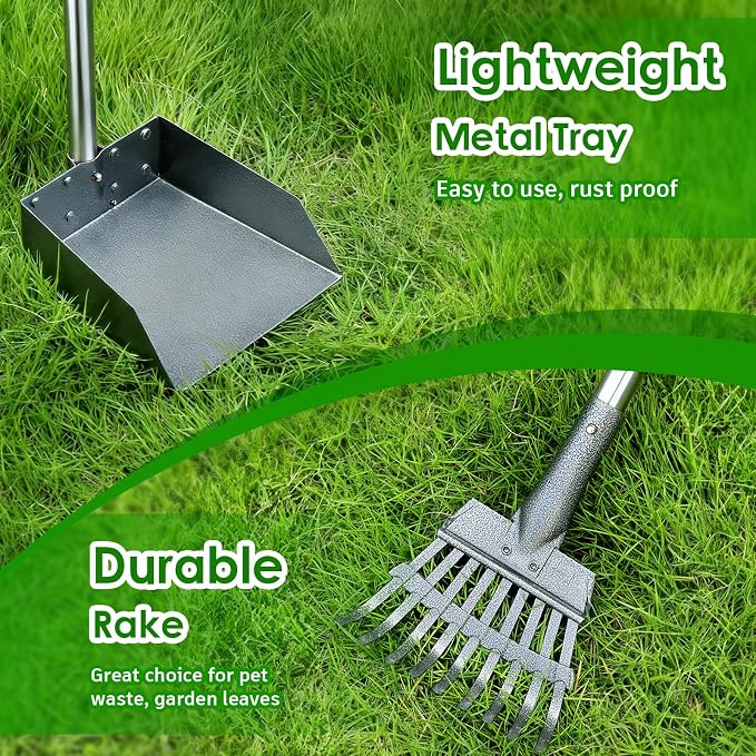 Pooper Scooper, Long Handle Pet Supplies with Stainless Metal Tray and Rake | Fits Multiple Pets,Stainless Steel, Rust-Proof, 38.5" Extended Reach, for Grass Dirt Gravel, Heavy Duty, No Bending