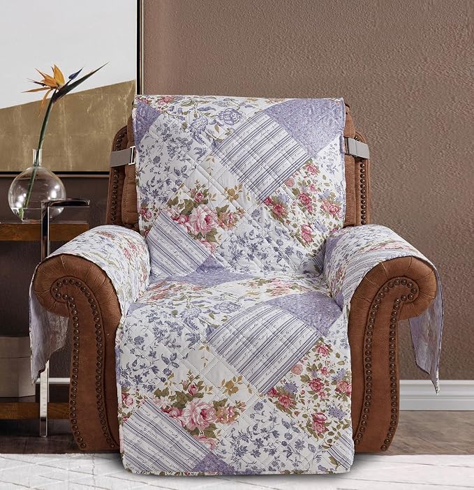 Brilliant Sunshine Rose Violet Floral Couch Recliner Cover, 26" seat | Quilted Sofa Cover, Living Room & Bedroom Furniture Protector, Washable Reclining Chair Slipcover for Pets, Dogs & Cats