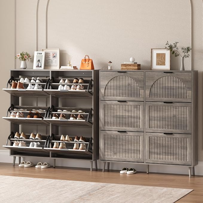 BORNOON Shoe Cabinet for Entryway with 6 Flip Drawers, Slim Wooden Shoe Storage Organizer with Modern Fluted Pannel，Freestanding Narrow Hidden Shoe Rack for Hallway, Foyer, Living Room