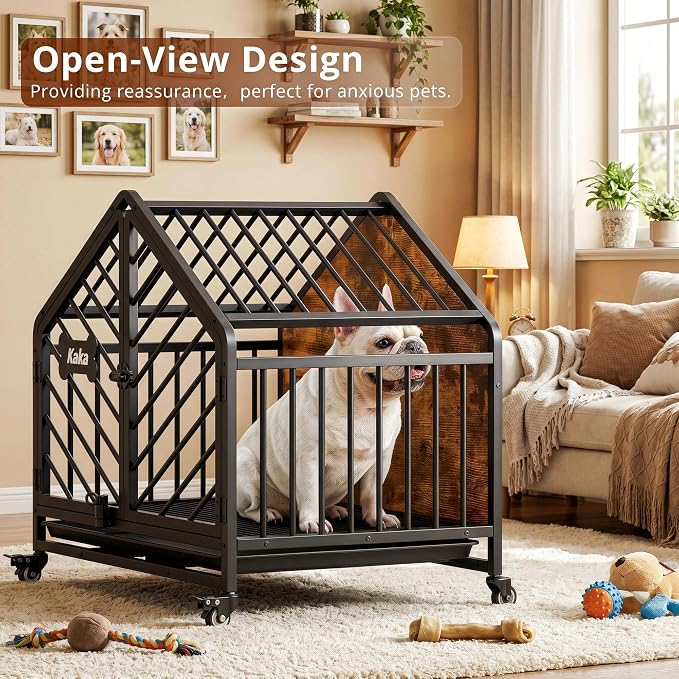 IRONCK 27.6" Dog Crate Furniture with Pull-Out Tray and Wheels | Roof-shape frame. 4 wheels and pull-out tray. Bone name tag. For small medium dogs.