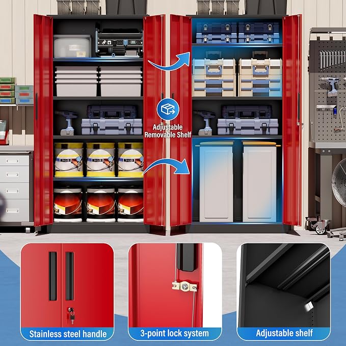 Greenvelly Metal Storage Cabinet with Doors and Shelves, 72" Inch Locking Metal Cabinet,Garage Storage Cabinet for Garage Office School Warehouse (Black Red)