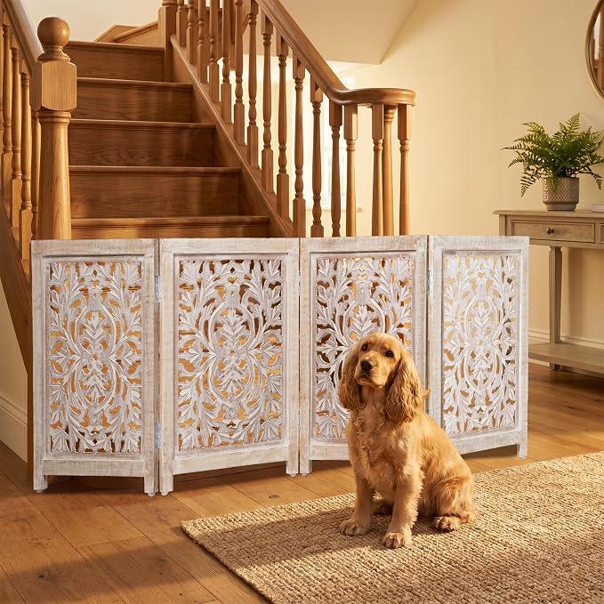 Lightnpro 4-Panel Carved Wooden Dog Gate with Stopper – 72 Inch Extra-Wide Foldable Freestanding Pet Barrier, White Wash Indoor Safety Fence for Small Dogs & Puppies – 24x18 Inch Panels