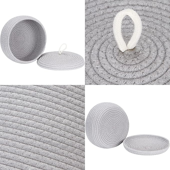 Sea Team Round Woven Cotton Rope Storage Basket with Lid, Gray | Lidded Knitted Decorative Storage Bin, Pot, Caddy, Organizer, Container for Snacks, Towels, Plants, 10 x 4.5 Inches