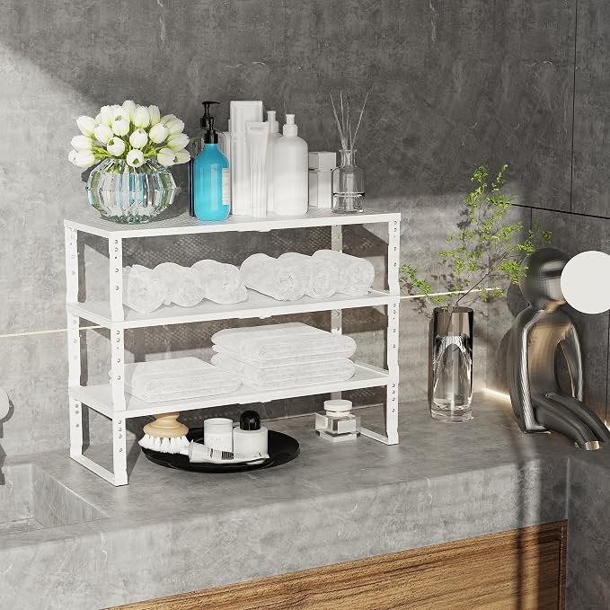 Jojocross Expandable Adjustable Stackable Kitchen Organizer, Spice Rack,Metal Pantry Storage Shelves Racks,Counter Shelf for Cabinets, Countertop, Cupboard(3 Packs/Large/White)