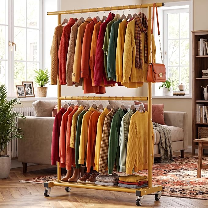 Sywhitta Double Rod Metal Clothing Rack on Wheels with Bottom Mesh,Gold | Rolling Garment Organizer, for Hanging Clothes,Coats,Easy to Assemble,Space-Saving,Mobile Organizer for Closet