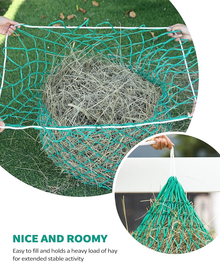 Harrison Howard Slow Feed Hay Net for Horses, 40 Inch Hay Bag Holds 1–2 Flakes, 2 Inch Mesh Durable Hanging Feeder for Stable, Pasture & Livestock-Grass Green
