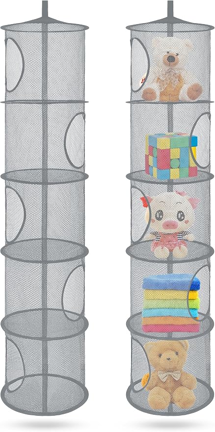 2Pcs Hanging Mesh Space Saver Bags Organizer, Foldable Storage Organizer 5 Compartments Toy Storage Organizer for Kid Room Toys, Gloves,Hats,Socks Storage #Grey | Hanging Mesh Storage Organizer for Kids Room, Holds Plushies, Gloves, Hats, Socks, Foldab...