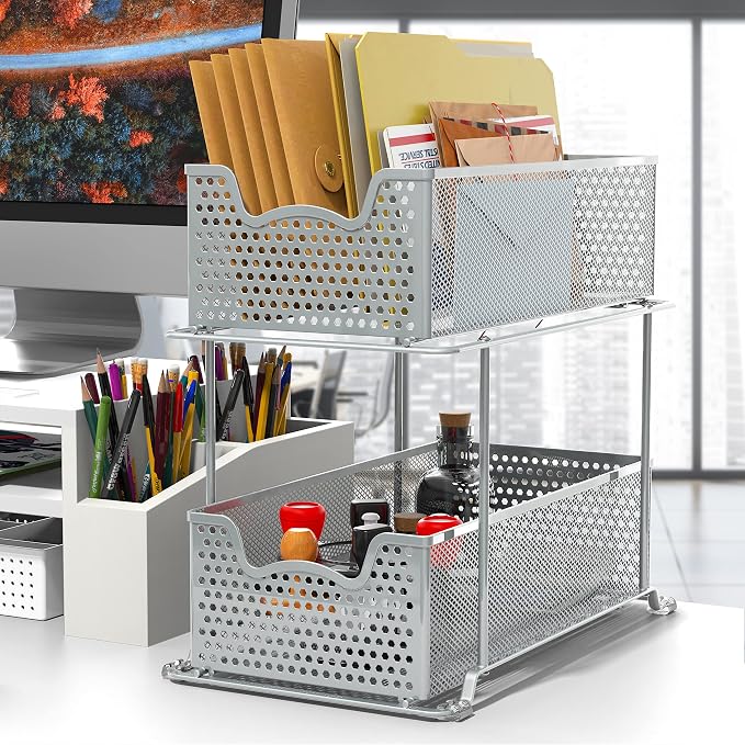 SIMPLE HOUSEWARE 2 Tier Sliding Cabinet Basket Organizer Drawer, Silver