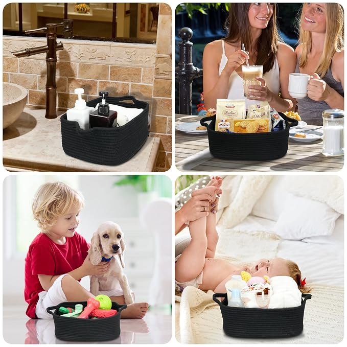 XUANGUO Medium Woven Cotton Rope Storage Basket with Handles, Black | Small decorative rectangle storage bin for baby nursery items and cat toys; ideal as an empty gift basket or dog toy basket