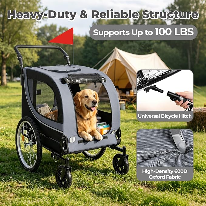 2-in-1 Bike Trailer & Pet Stroller for Dogs up to 100lbs– Foldable Pet Carrier Cart with Two 8'' Front Caster & 20'' Quick Release Air-Filled Wheels, Breathable Mesh and PVC Rain Cover, Gray