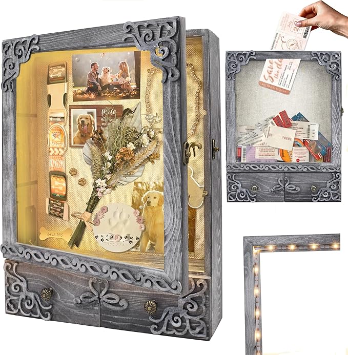 11x16 Pet Memorial Shadow Box Frame with Shelves, Grey