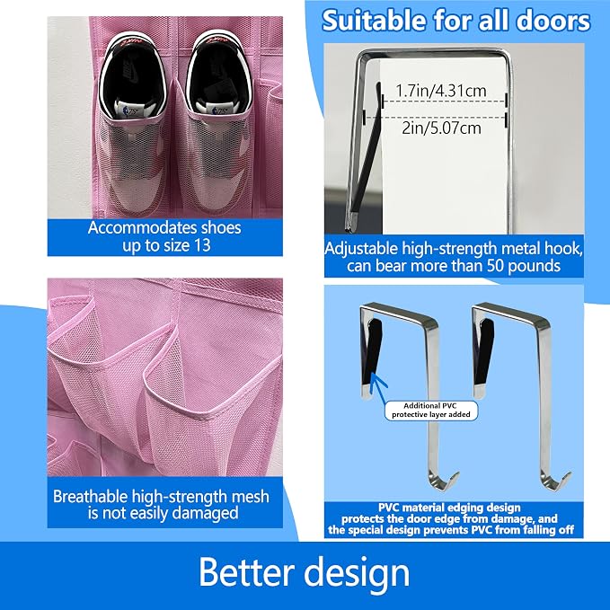 Over the Door Shoe Organizer, 2025 Upgrade 35 Large Pockets for Shoe Storage, Hanging Shoe Holder with Metal Hook, Clear Shoe Rack for Closet Bathroom Door Space Saving - Pink