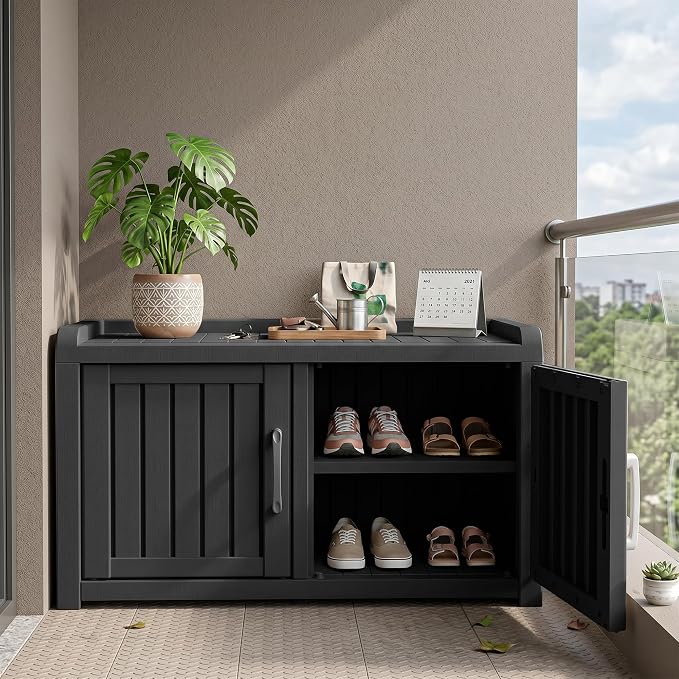 ROJIK Shoe Storage Bench, Shoe Cabinet Double Door, Black | Waterproof UV-Resistant,Storage Bench Indoor Outdoor with Adjustable Shelves,for Entryway Bedroom,Hallway,Living Room