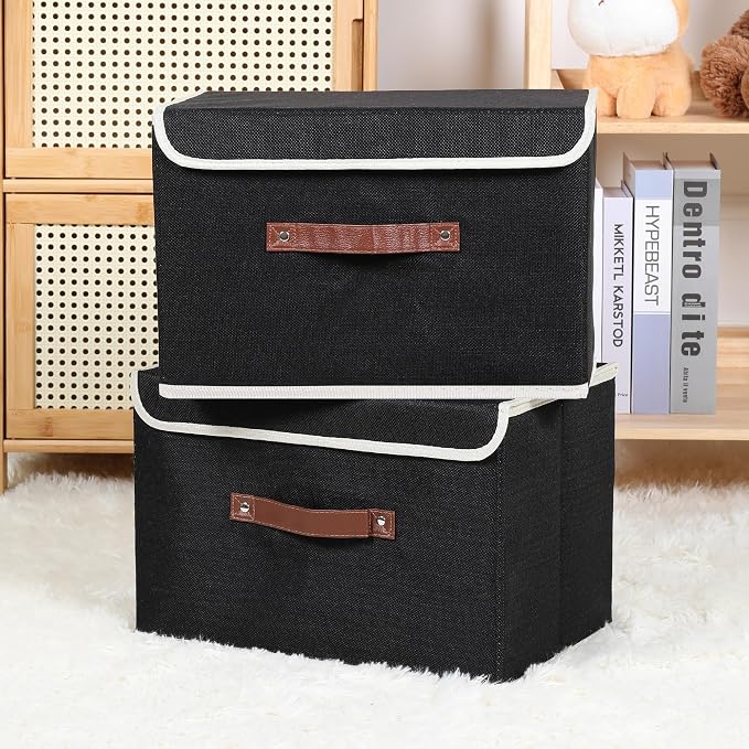 ANMINY Fabric Storage Box Bins with Lids, Black, 15"x10"x10", 4 Pack | Keepsake Memory Storage, Cotton Linen, PP Board Reinforced, Washable, PU Handles, Foldable & Stackable, Decorative, Large