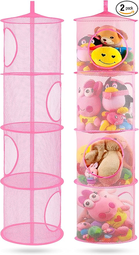 2Pcs Hanging Stuffed Animal Storage Hammock Net 4 Tiers, Pink | Hanging Mesh Storage Organizer for Kids Room, Holds Plushies, Gloves, Hats, Socks, Foldable Space-saving Design