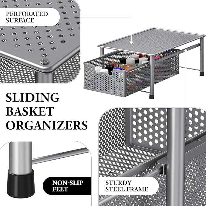 Simple Houseware Stackable Cabinet Basket Drawer Organizer, Silver