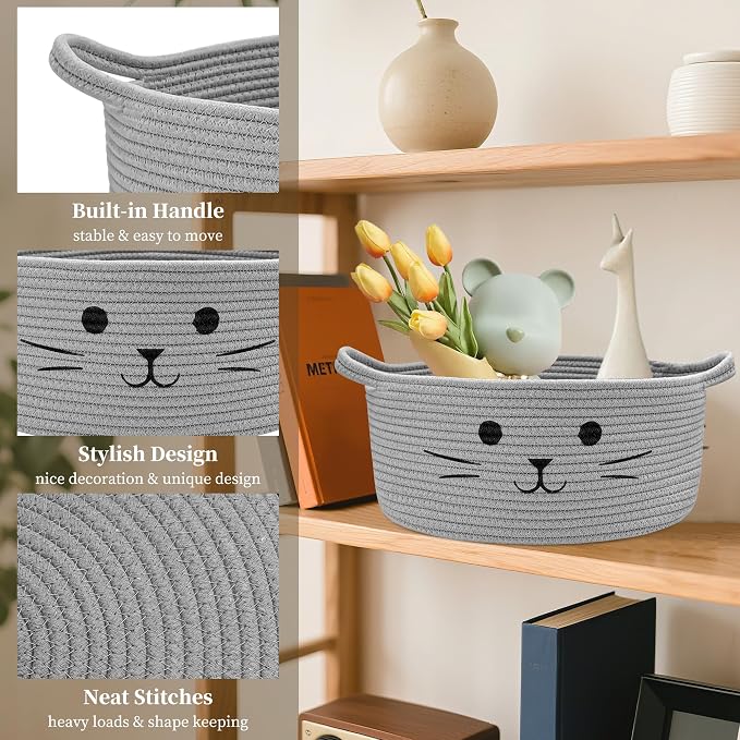 Large Cat Toy Basket, Gift Baskets Empty for Baby Shower,13" x 6" | Boo basket Cute Woven Rope Storage Basket for Home Decor, Baby Baskets for Nursery, Cat Pet toy box, Grey