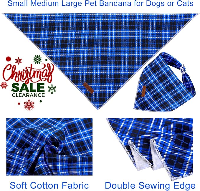 Christmas Dog Bandana, UP URARA PUP Blue Plaid Triangle Bid Scarf, Cotton Pet Kerchief for Girl Boy Dogs or Cats, Blue Winter Dog Bandana, Fancy for Puppy