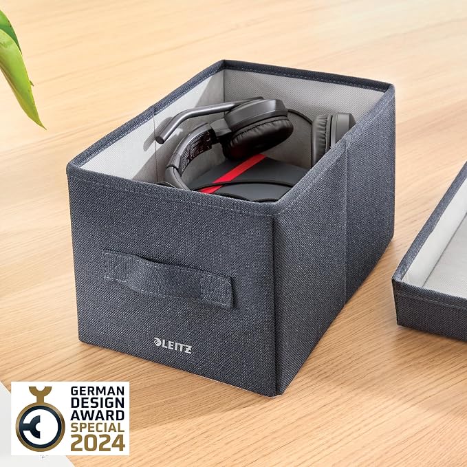 Leitz Fabric Storage Box with Lid, Set of 2 Cube Storage Unit Boxes, Foldable Fabric Ottoman Storage Organiser Box, Velvet Grey, Small, 61460089