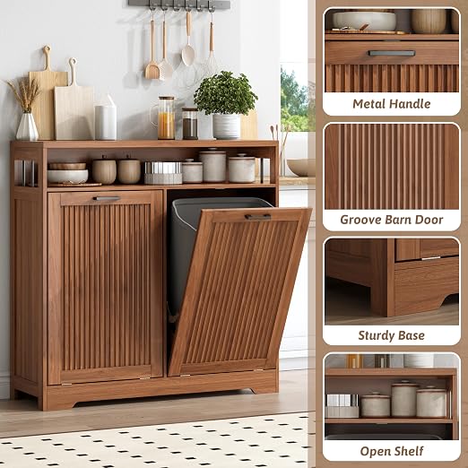 Pet-Proof Double 13 Gallon Tilt Out Trash Can Cabinet with Open Storage – Hide Garbage & Recycling Bins to Keep Your Kitchen Clean and Organized,Walnut