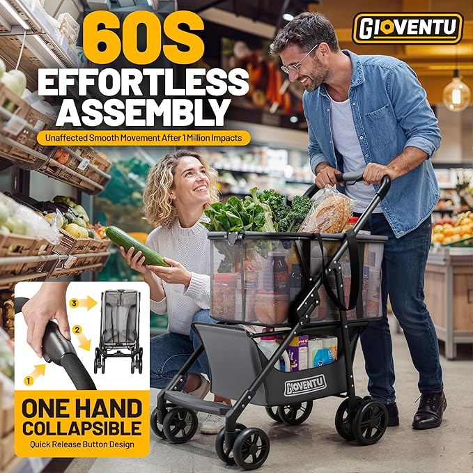 𝟐𝟎𝟐𝟔 𝐔𝐩𝐠𝐫𝐚𝐝𝐞𝐝 Folding Shopping Cart with Wheels, 80lbs Multi Use Grocery Carts with 360° Wheels & Removable Tote Bag, Multifunctional Portable Personal Shopping Carts for Groceries, Black