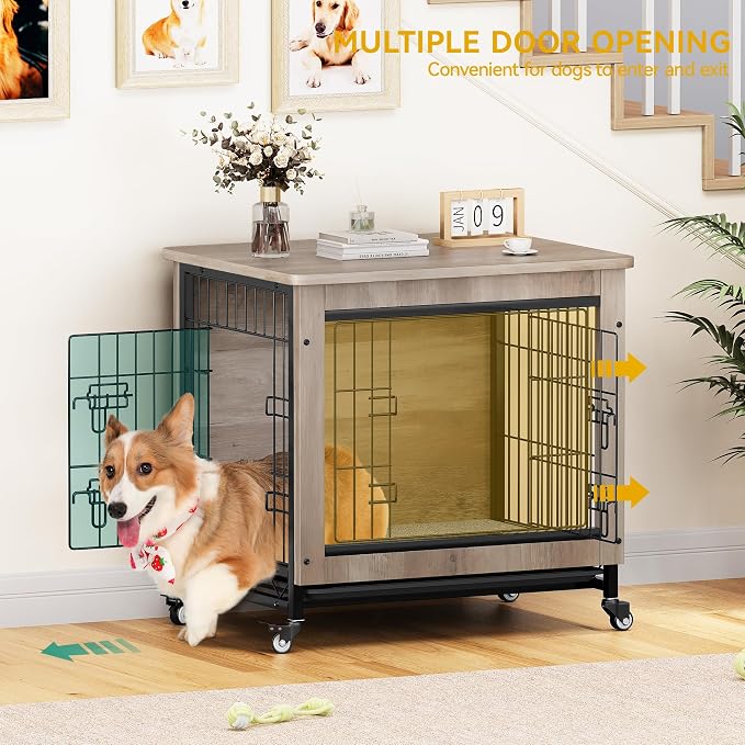 DWVO 27" Dog Crate Furniture with Wheels, Cushion & Tray | Dog Kennel Indoor End Table for Small Dog, Grey