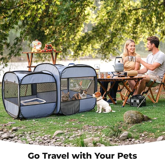 2-in-1 Portable Cat Playpen(End Doors), Pop up Kitten Playpen, Assembly-Free, Pet Tent Crates Kennel Cage Enclosure for Dog Puppy Indoor Outdoor(No Divider, Unified Space)