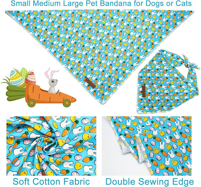 Easter Triangle Bid Scarf, Cotton Pet Kerchief for Girl Boy Dogs or Cats, Cute Carrot & Rabbit Dog Bandana, Comfortable Easter Dog Bandana
