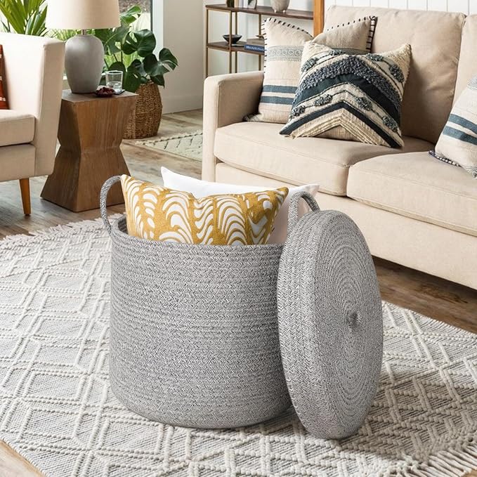 15”x13” Storage Basket with Lid, Blanket Storage for Living Room, Woven Cotton Rope Bin with Cover, Kids Dog Toy Box, Baby Laundry Basket with Lid, Covered Blankets Pillows Holder, Gray