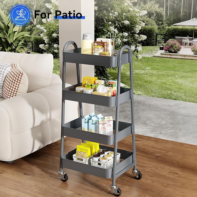 OLIXIS Metal 4 Tiers Rolling Storage Utility Cart with Lockable Wheels | Mobile Organizer Shelf, Space-Saving, Freestanding, Bathroom, Living Room, Slim, Narrow Corner Spaces, Gray