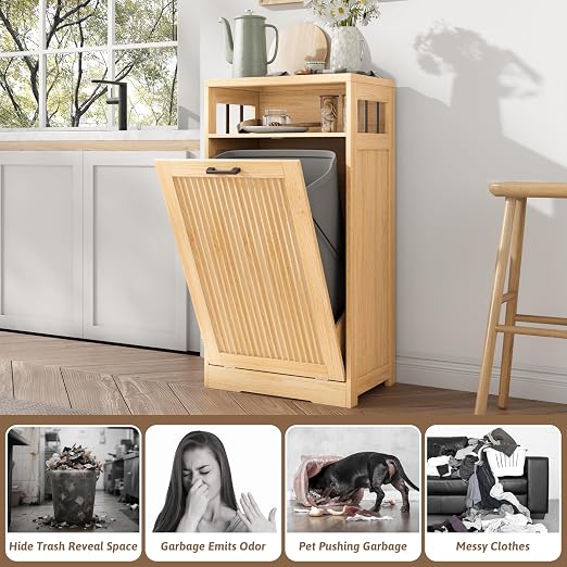 13 Gallon Tilt Out Trash Can Cabinet with Open Shelf & Storage - Pet Proof Hidden Recycling Cabinet & Wooden Laundry Hamper for Kitchen, Bathroom, Living Room,Natural Wood