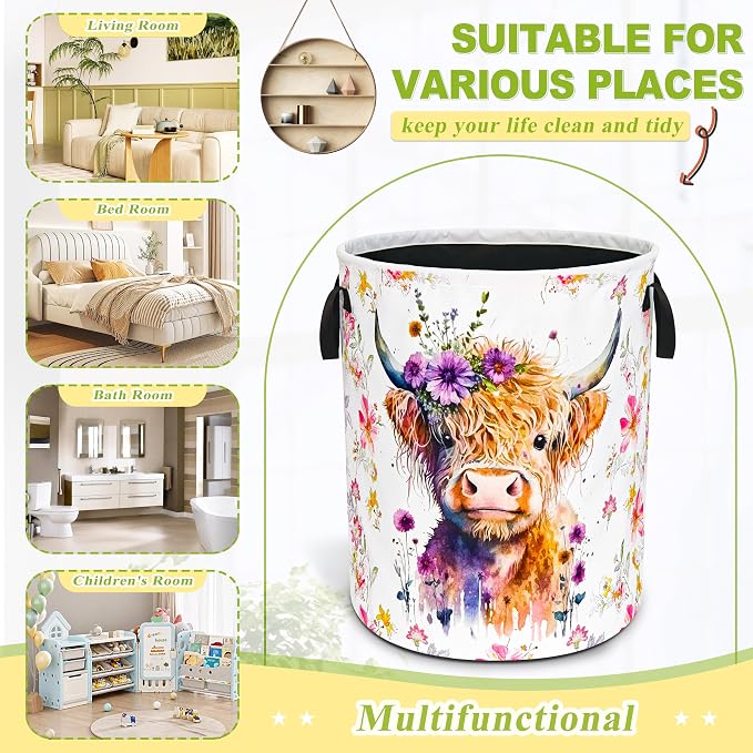 Highland Cow Laundry Basket Foldable Waterproof Oxford Cloth Funny Tote Bag | Laundry Hamper Clothes Storage Bucket Organizer For Bathroom/Laundry Storage /Bedroom Storage Basket 18.9x16.5 Inch