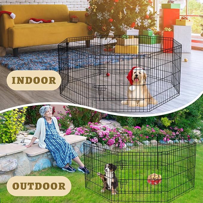 8-Panel Foldable Metal Dog Exercise Pen – 24/30/36/42/48 Inch Height, Step-Through Door Design, Indoor/Outdoor Playpen for Puppies & Dogs, Black Epoxy Coated Heavy Duty Pet Fence