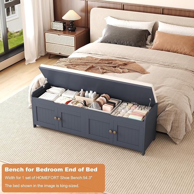 HOMEFORT 54.4" Shoe Bench with Lift Top Storage, Entryway Bench with Cushioned Seat, Wooden End of Bed Bench, Shoe Cabinet Bench with Hidden Storage Space, for Bedroom, Hallway,Blue