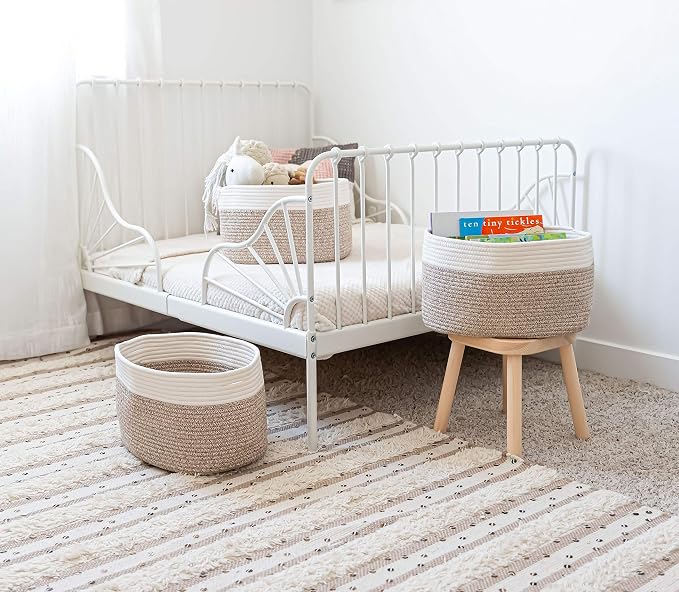 OrganiHaus Cotton Rope Baskets for Shelves, Set of 3, 15x9x10 | Handwoven; a toy bin and organizer for towels, books, or blankets; fits nursery, playroom, or bedroom decor
