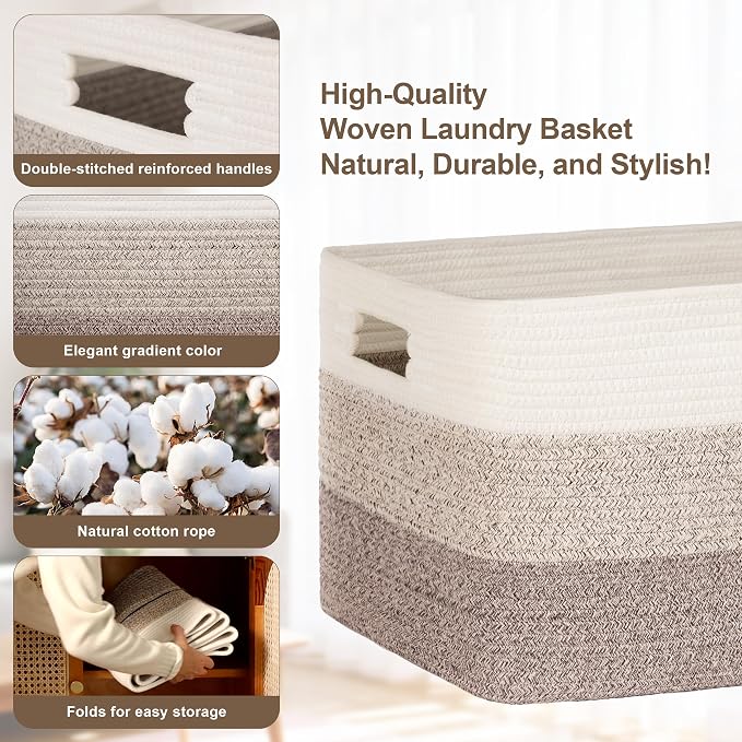 86L Large Woven Laundry Basket Hamper with Handles, Gradient Brown | collapsible wicker hamper, storage for dirty clothes, toys, blankets, gifts, living room, bedroom, bathroom, 24"x16"x14"