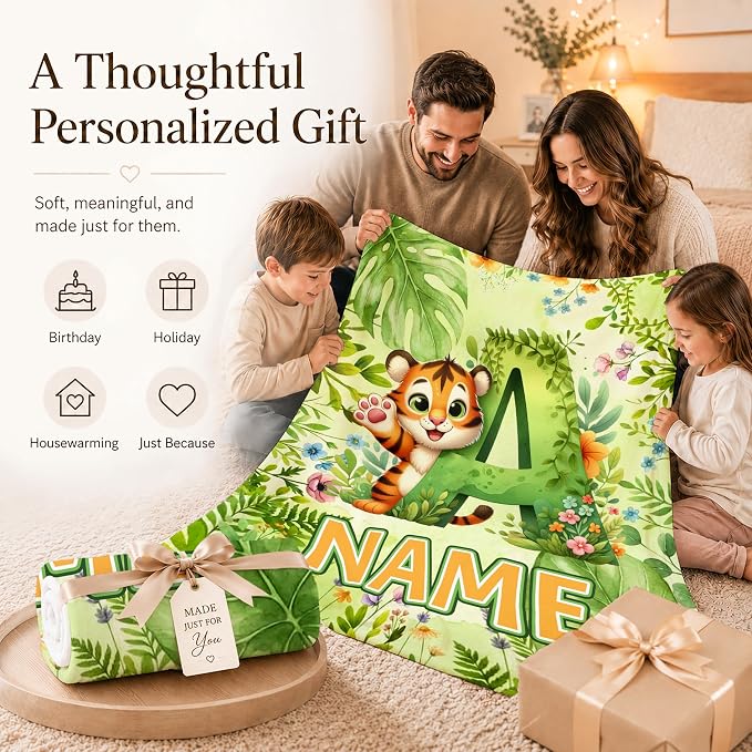 Custom Blanket for Girls Boys with Monogram, Personalized Kids Tiger Throws | Easy Care, Lightweight Throw, Fluffy Flannel Blanket, Soft Touch, Kids Gift